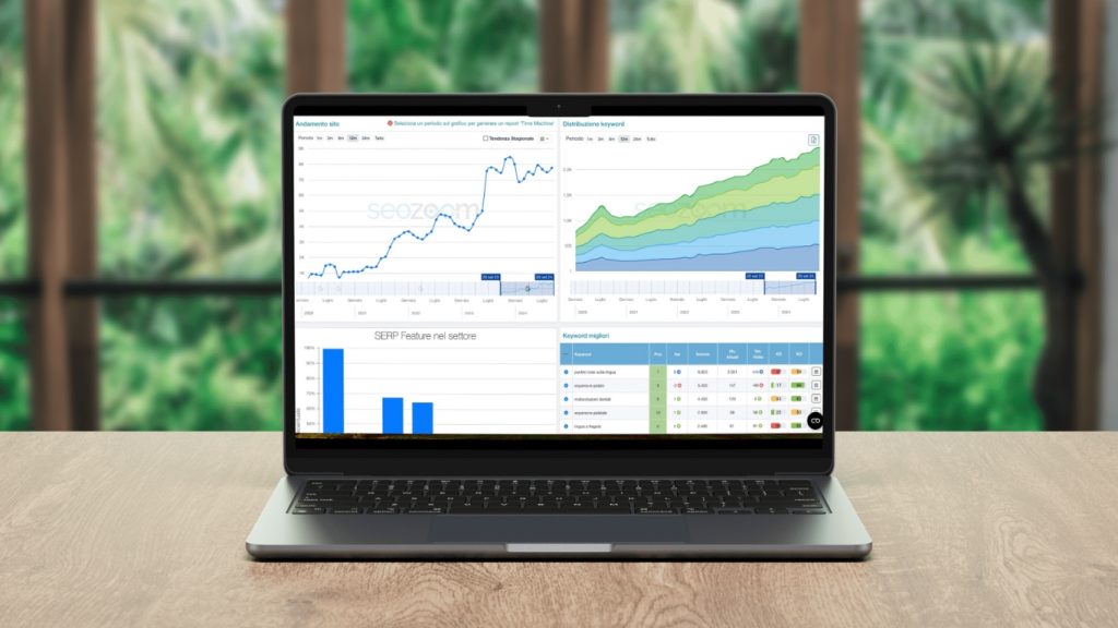 A monitor displays charts to explain the concept of SEO and what it means